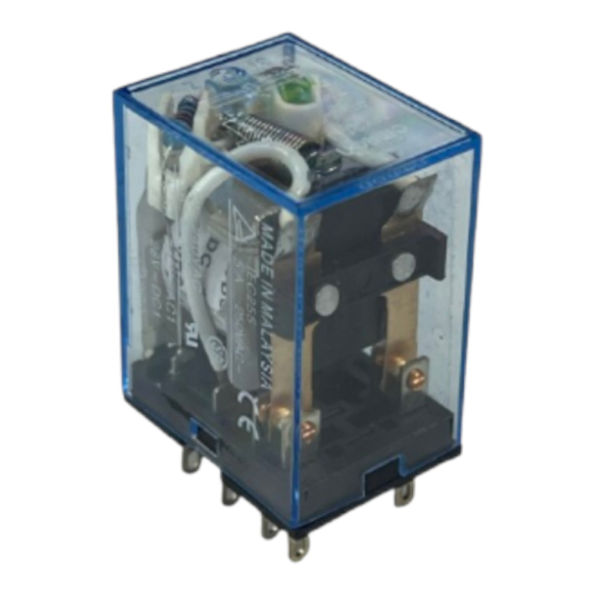 A miniature electrical relay with a transparent blue plastic case, showing internal black and gold metal contacts and white wiring, isolated on a white background.