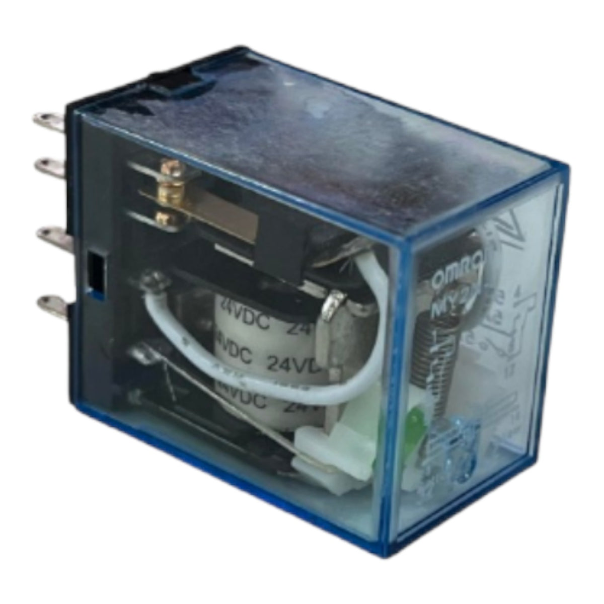 A 24VDC electrical relay with a transparent blue plastic casing, showing internal metal contacts, wiring, and terminal pins on a white background.