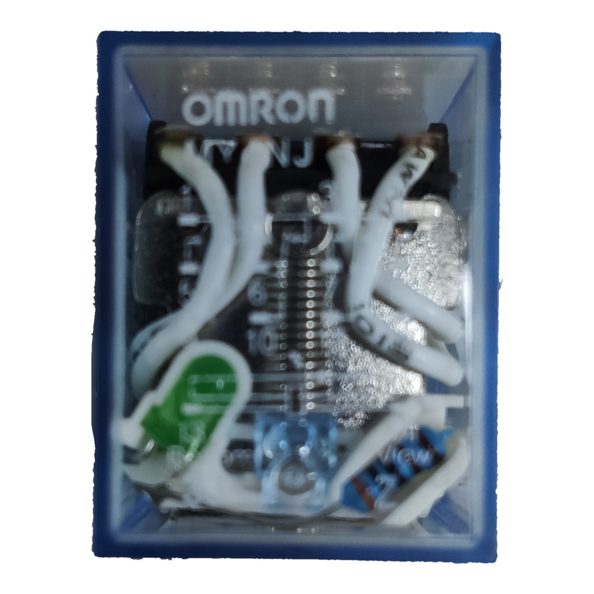 An Omron electrical contact module inside a blue plastic protective housing, showing internal silver and white metal contacts and components.