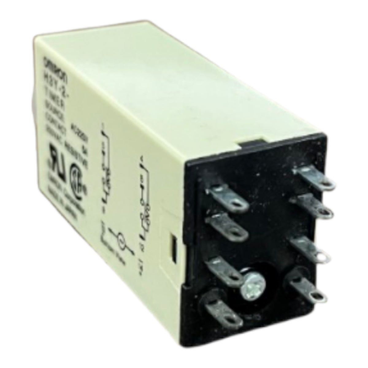 A Omron HST-12 AC 24V relay contact module with a beige plastic body and a black terminal housing, shown on a white background.