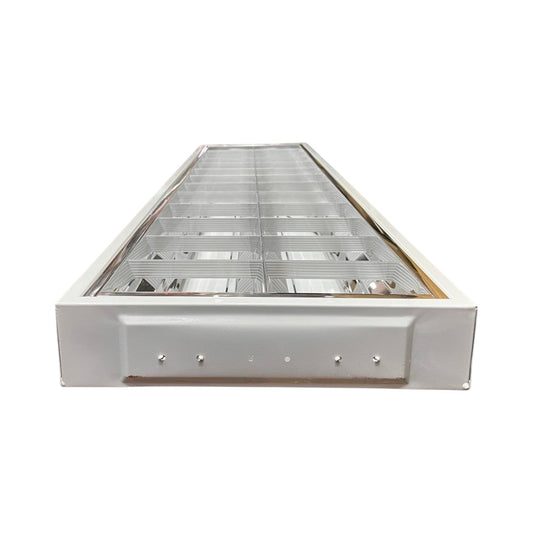 A long, rectangular metal light fixture or industrial lamp housing with a clear gridded glass cover and a silver metal frame, shown on a plain white background.