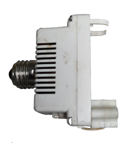 White PLC Adaptor to E27 5W-11W lighting installation accessory with metal screw base on black background