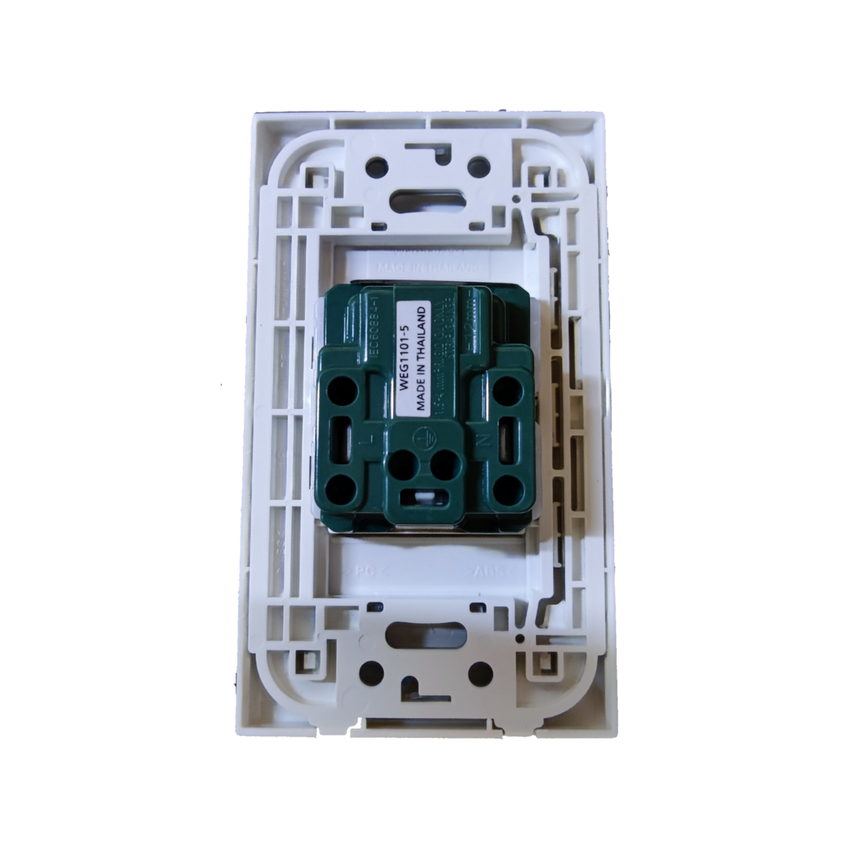 Panasonic 16A 250V quick connect outlet mounted in white faceplate frame for power points