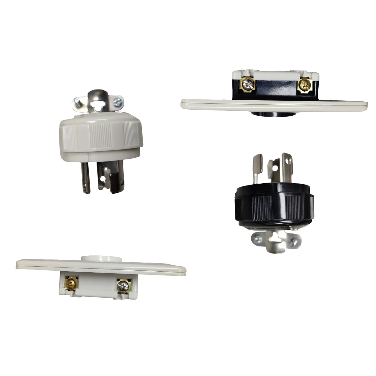 Four views of a small electrical outlet or socket component on a plain white background, including front, back, and side perspectives in white and black housings with metal terminals.