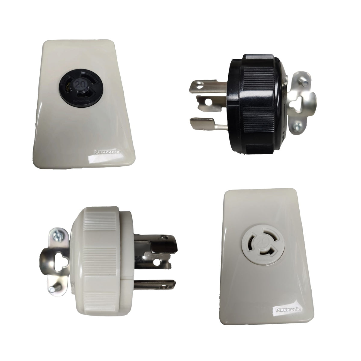 Four views of a 3-pin electrical outlet assembly, showing both the male and female plug configurations along with the front and back faceplates on a white background.