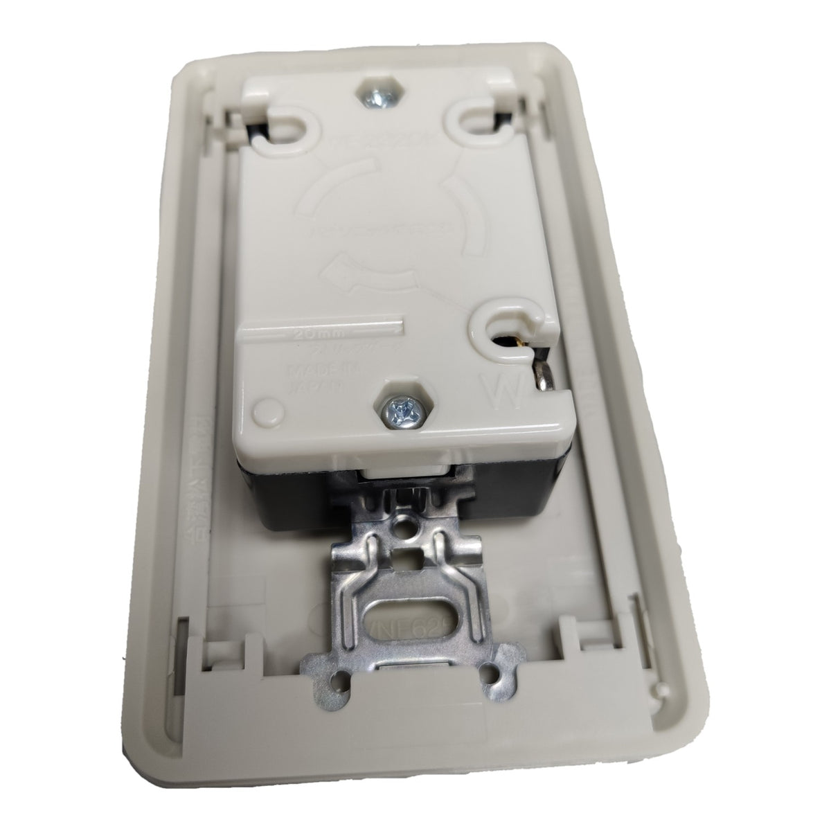 A replacement backplate for a single-toggle wall switch, featuring a beige plastic outer shell and a silver metal lever switch mechanism.