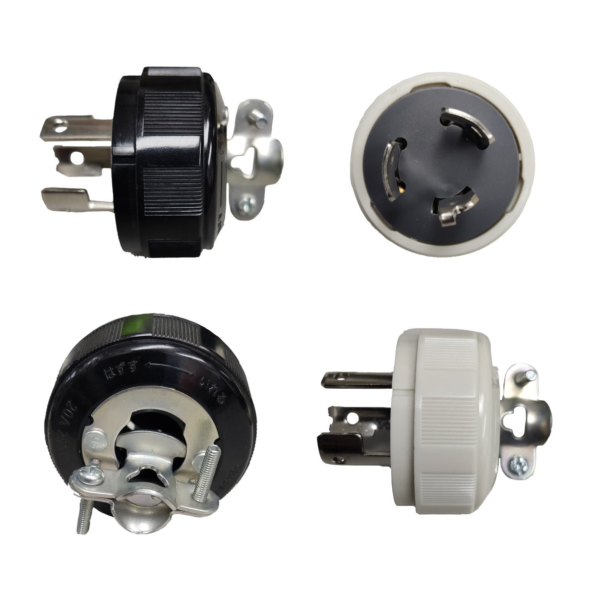 Four views of a 3-pin electrical outlet socket, showing both black and white plastic versions with metal terminals and mounting hardware, isolated on a white background.