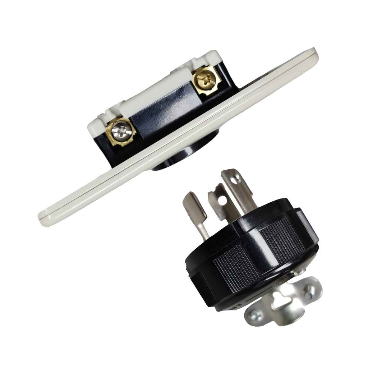 A black and white electrical outlet adapter with gold screw terminals and silver metal prongs, shown from two angles on a white background.