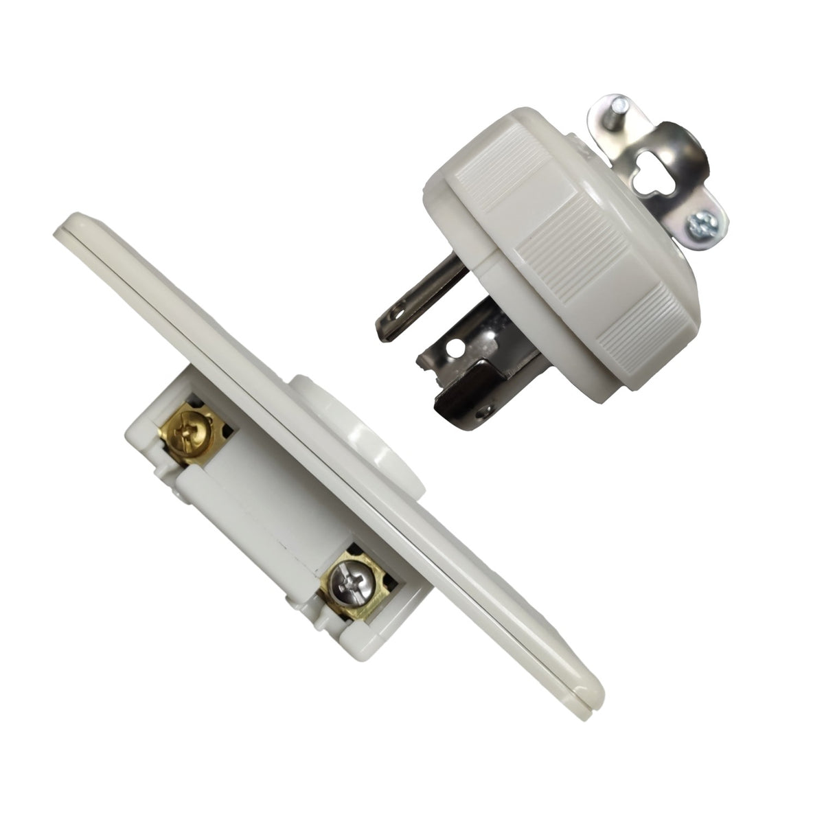 A white plastic electrical outlet adapter or plug component shown from two angles on a plain white background.