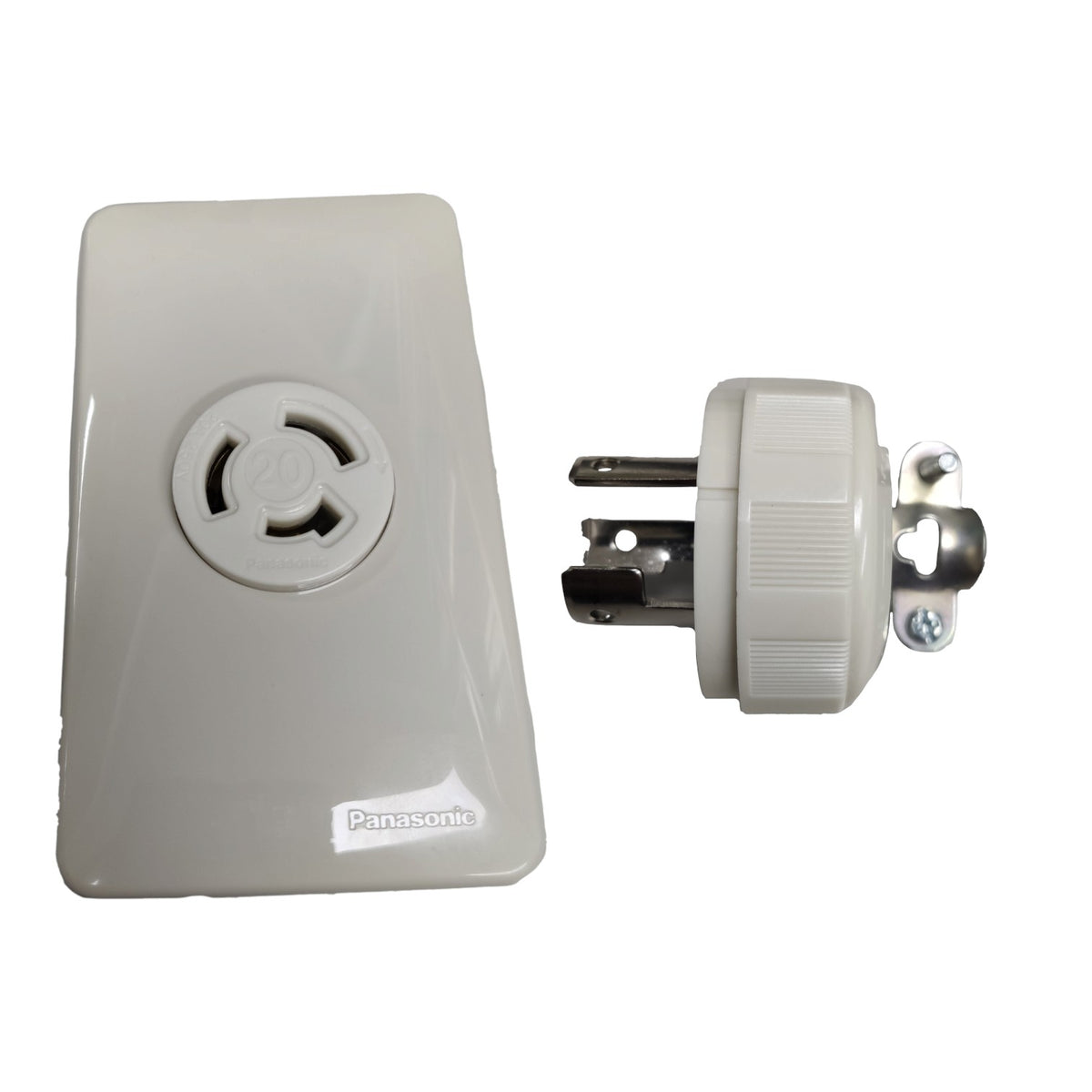 Panasonic 3-pin electrical outlet adapter with a white plastic faceplate and a matching white three-pin plug, shown on a plain white background.