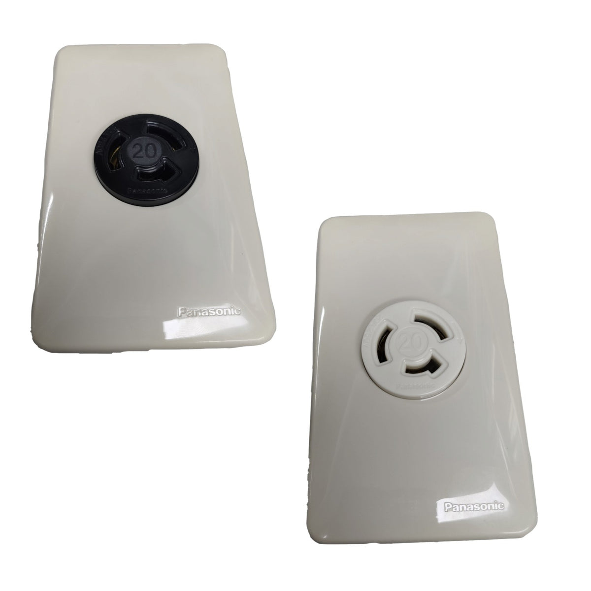 Two Panasonic wall-mounted humidifiers or humidifiers and dehumidifiers shown from opposite sides against a white background. One shows the front with a black circular dial, and the other shows the back with a vented circular cutout.