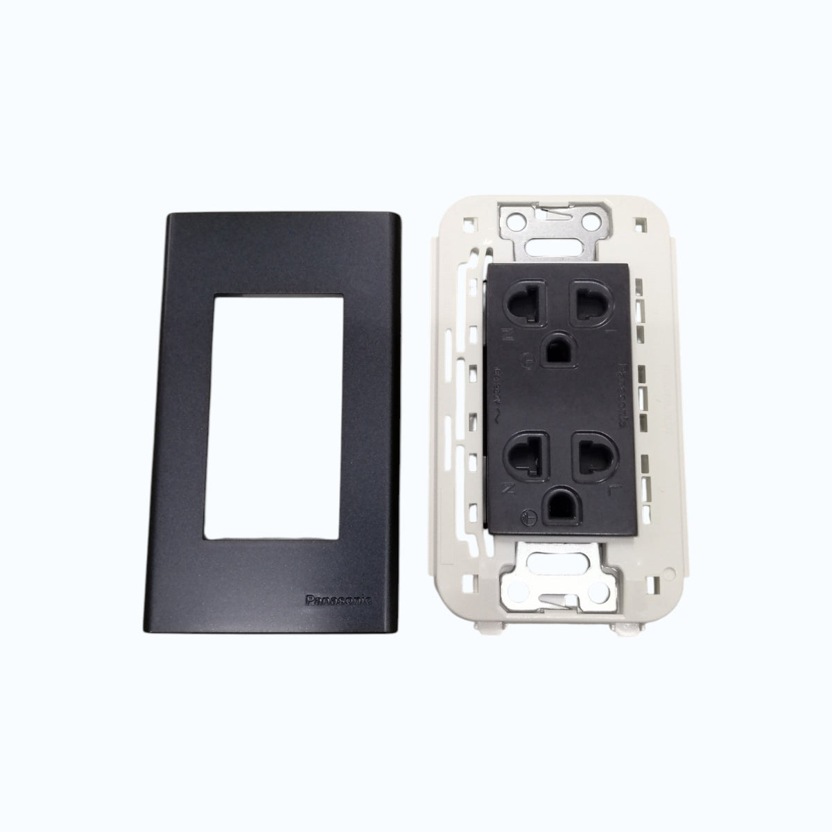 Panasonic Duplex Universal Outlet 16A 250V with Safety Shutter and Wide Color Refina Series Metallic Black Plate Cover WEG6803MB-1/WEG15829H-5