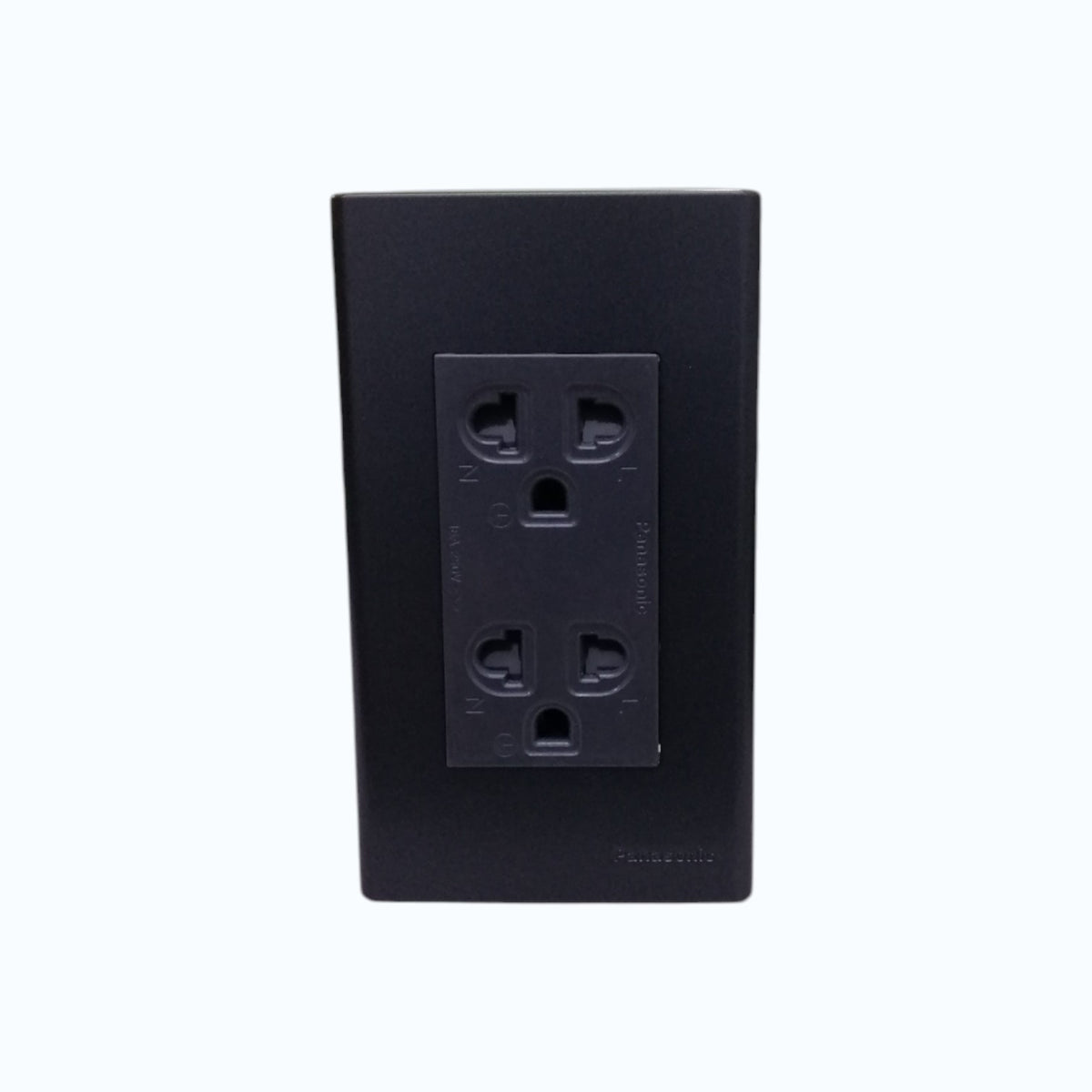 A black four-outlet electrical outlet cover plate with a recessed center faceplate, shown against a plain white background.