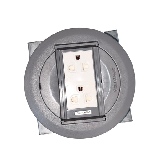 Panasonic outdoor waterproof duplex outlet socket in a circular gray junction box with metal mounting brackets, shown on a white background.