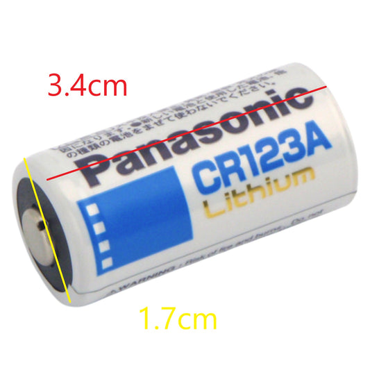 Panasonic CR123A lithium battery with dimensions labeled on a white background