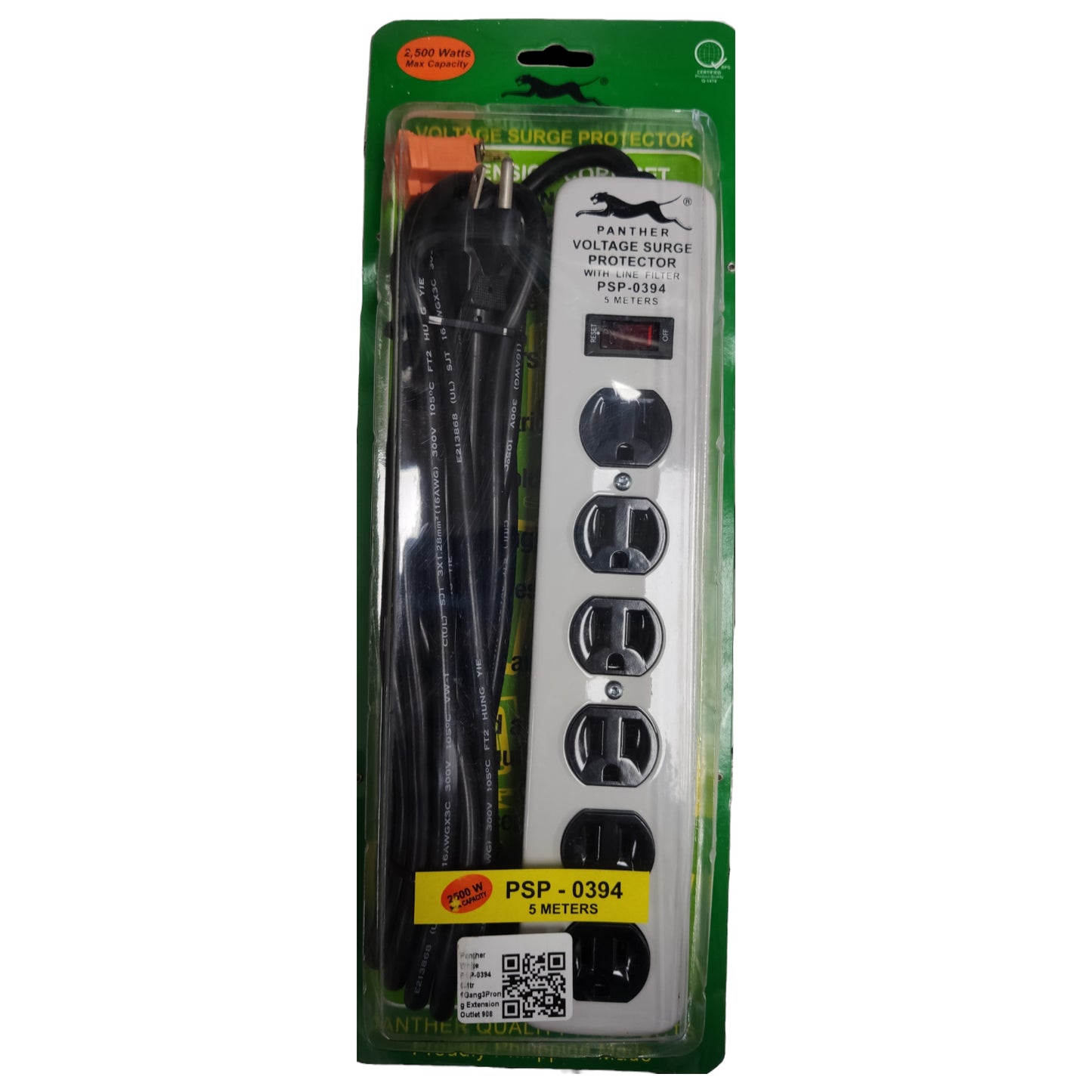 Panther Extension Cord 6 Gang Flat Pin with Ground 5 Meters with Single Switch AWG 16/3 (1.25mm x 3) Royal Cord PSP-0394