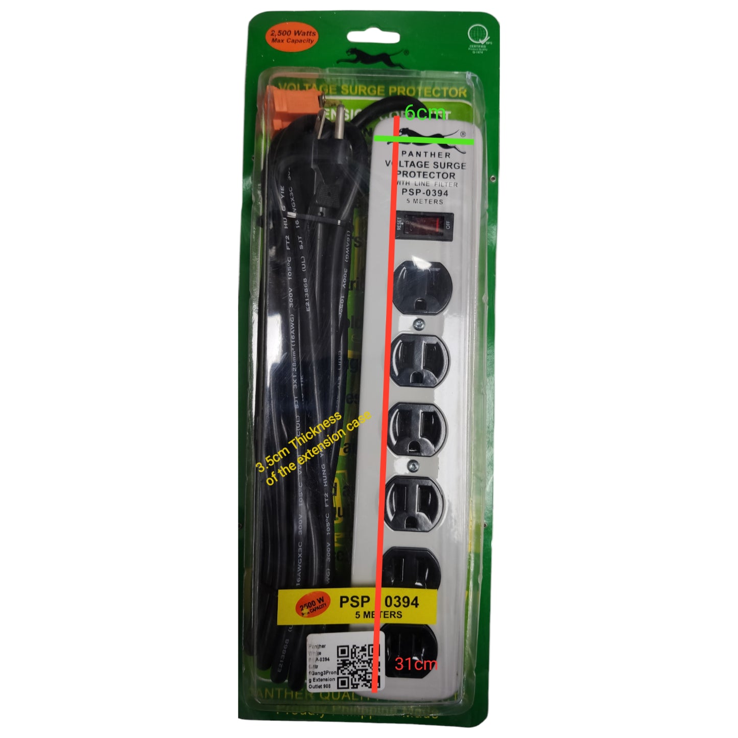 Panther Extension Cord 6 Gang Flat Pin with Ground 5 Meters with Single Switch AWG 16/3 (1.25mm x 3) Royal Cord PSP-0394
