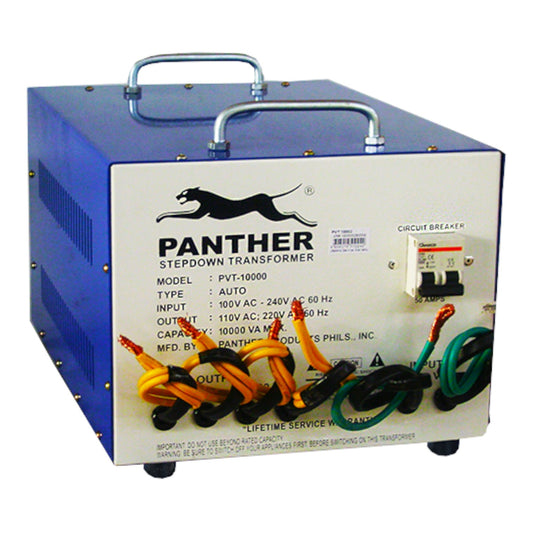 A blue and white Panther stepdown transformer electrical device with metal handles, a front label panel, and multicolored terminal cords, photographed on a plain white background.