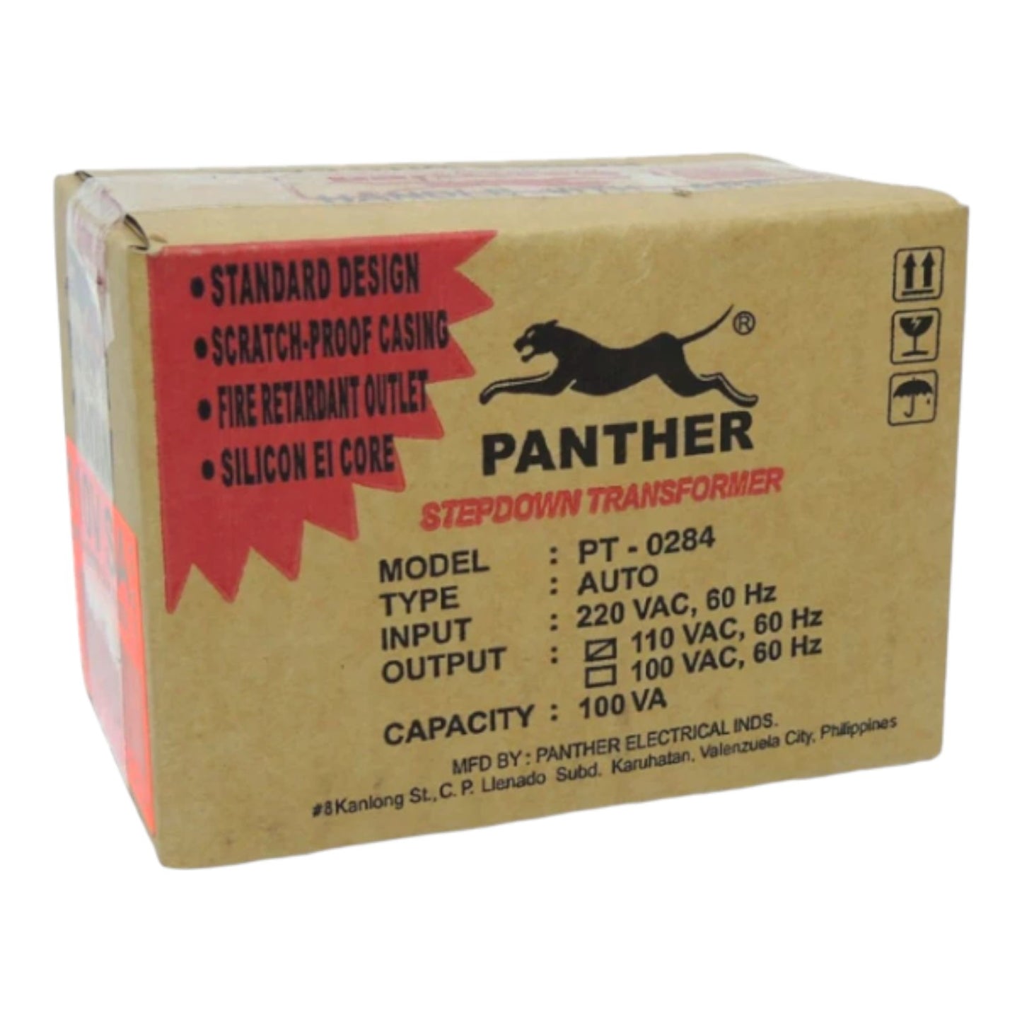 A cardboard box for a Panther Stepdown Transformer, model PT - 0284. The box is brown kraft paper with red and black printed text and logos, including the Panther logo and specifications for a 110 VAC, 60 Hz, 100 VA transformer.
