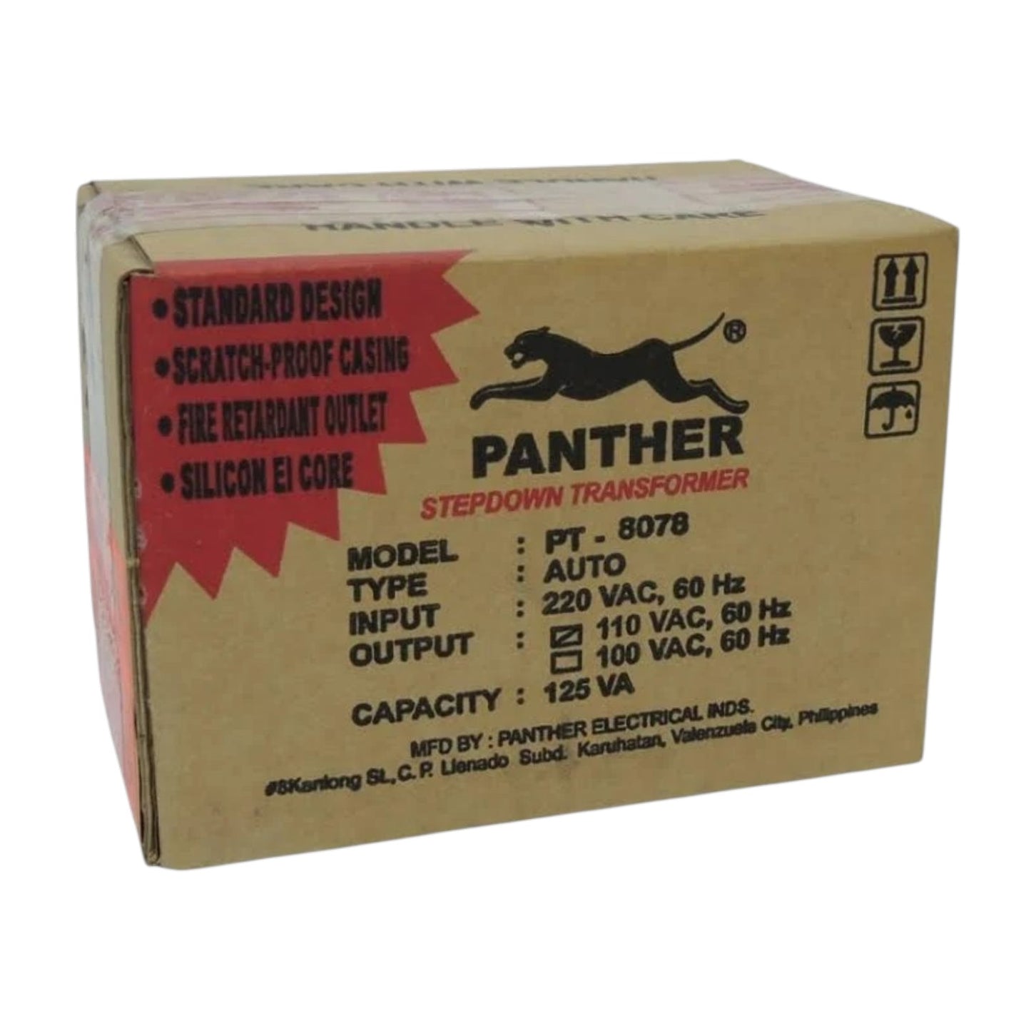 A cardboard box for a Panther Electrical Transformer, model PT-8078. The box is brown kraft paper with a red starburst graphic on the left side containing product features, and black text/specifications on the front and side.