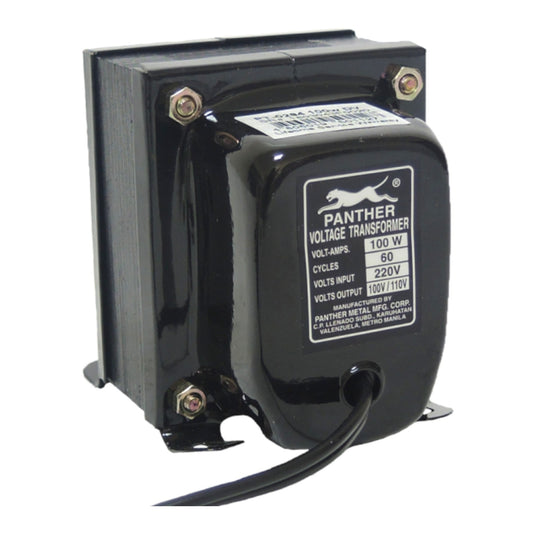 A black Panther brand voltage transformer with a metal nameplate showing specifications, photographed on a plain white background.