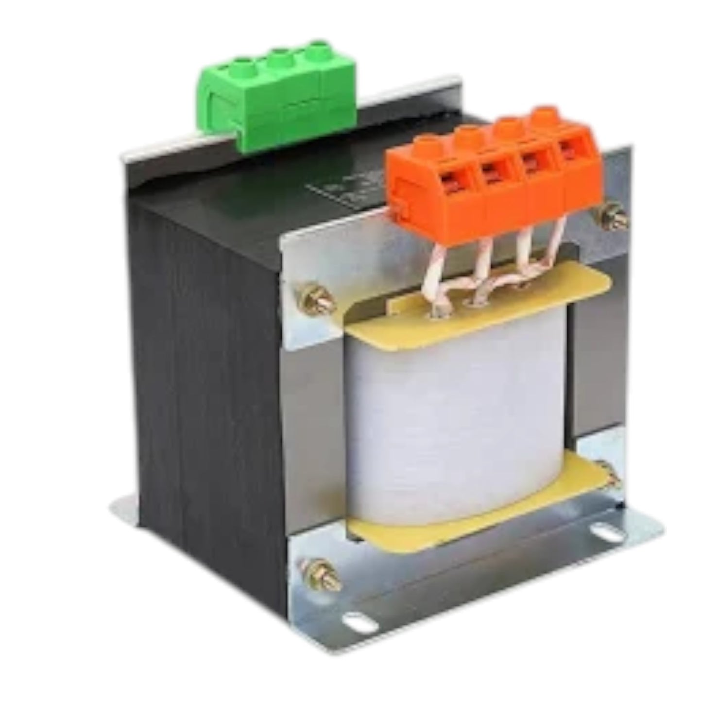 A small electrical transformer with a black core, silver metal casing, a white winding, an orange terminal block, and a green terminal block on a white background.