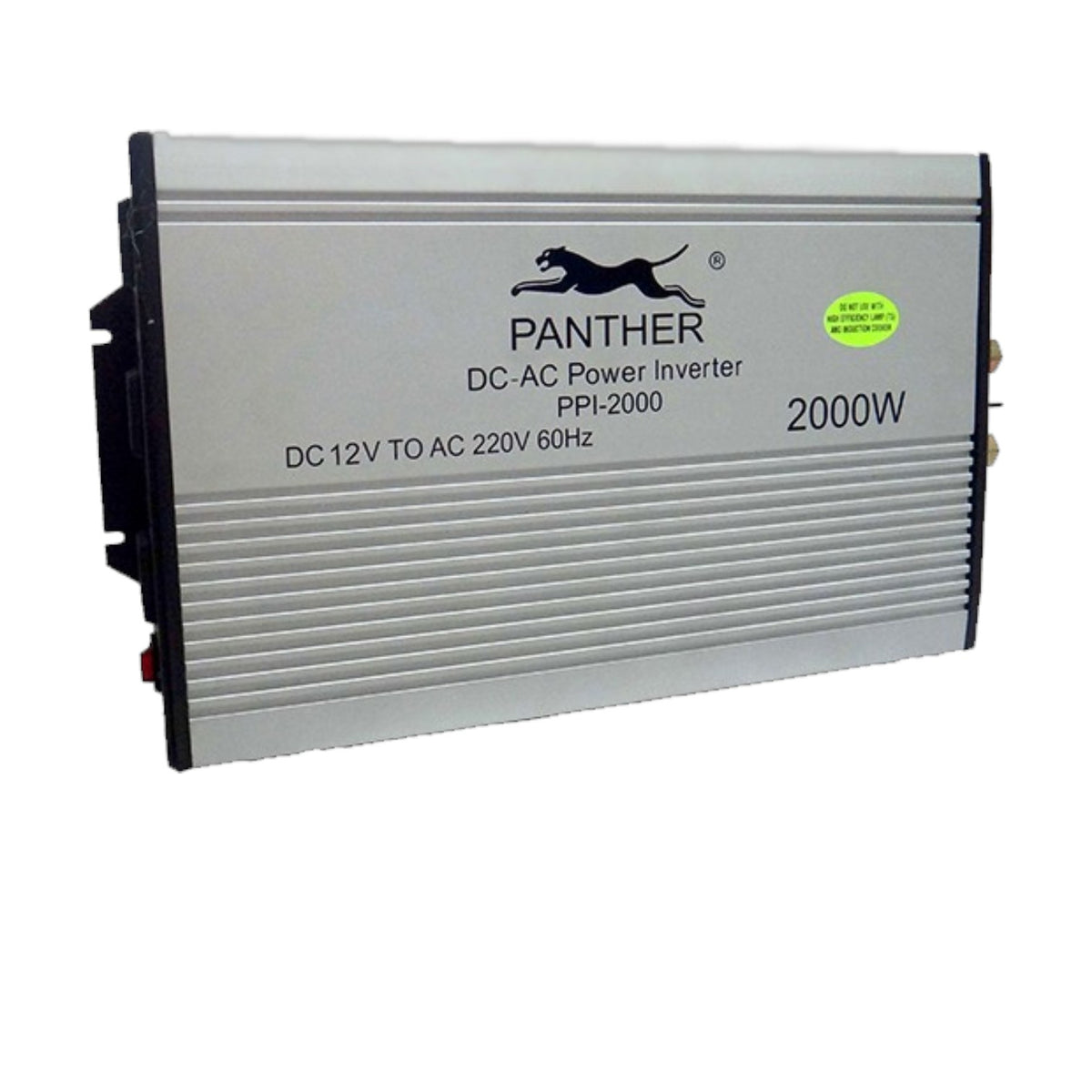 A silver aluminum DC-AC power inverter with black side panels and a black Panther logo on the front, labeled 2000W.