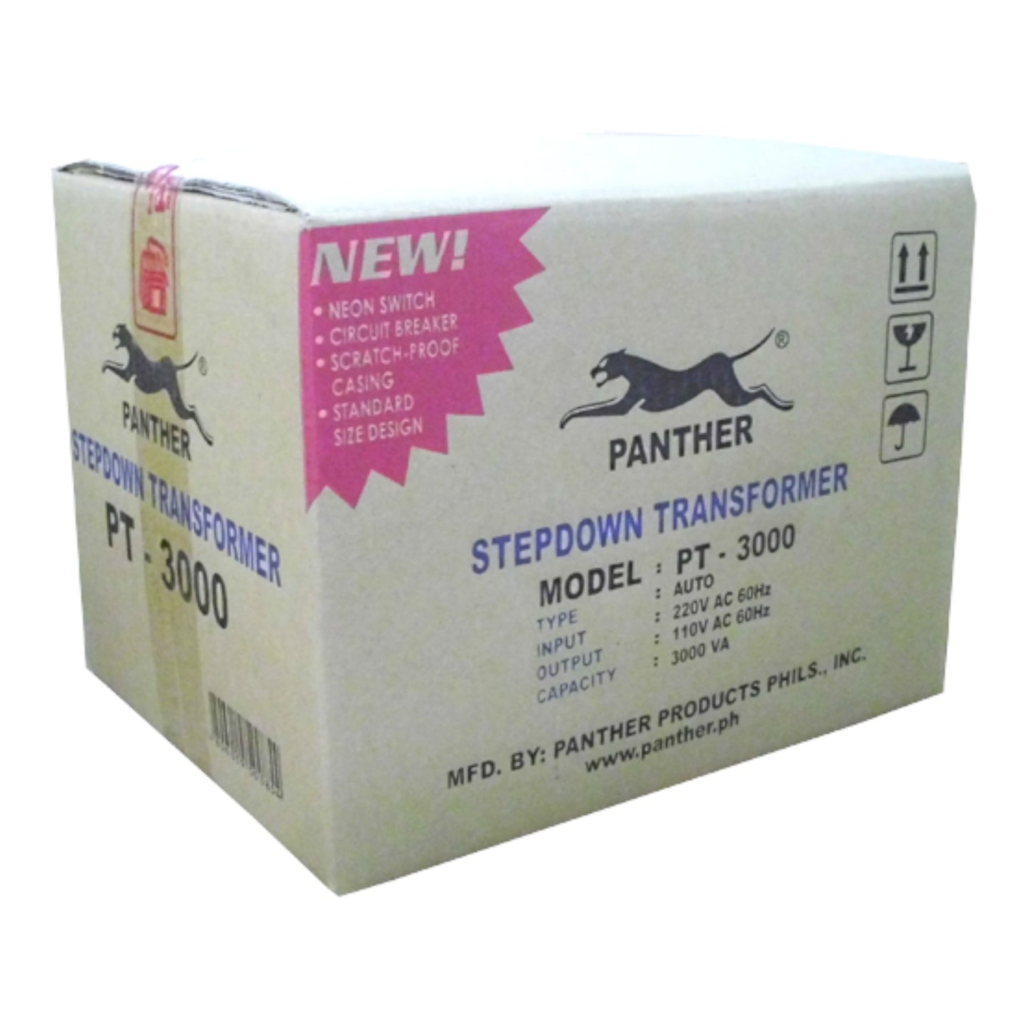 Panther PT-3000 Stepdown Transformer cardboard packaging box, featuring the Panther logo and specifications printed on a light gray box with a pink 'NEW!' accent.