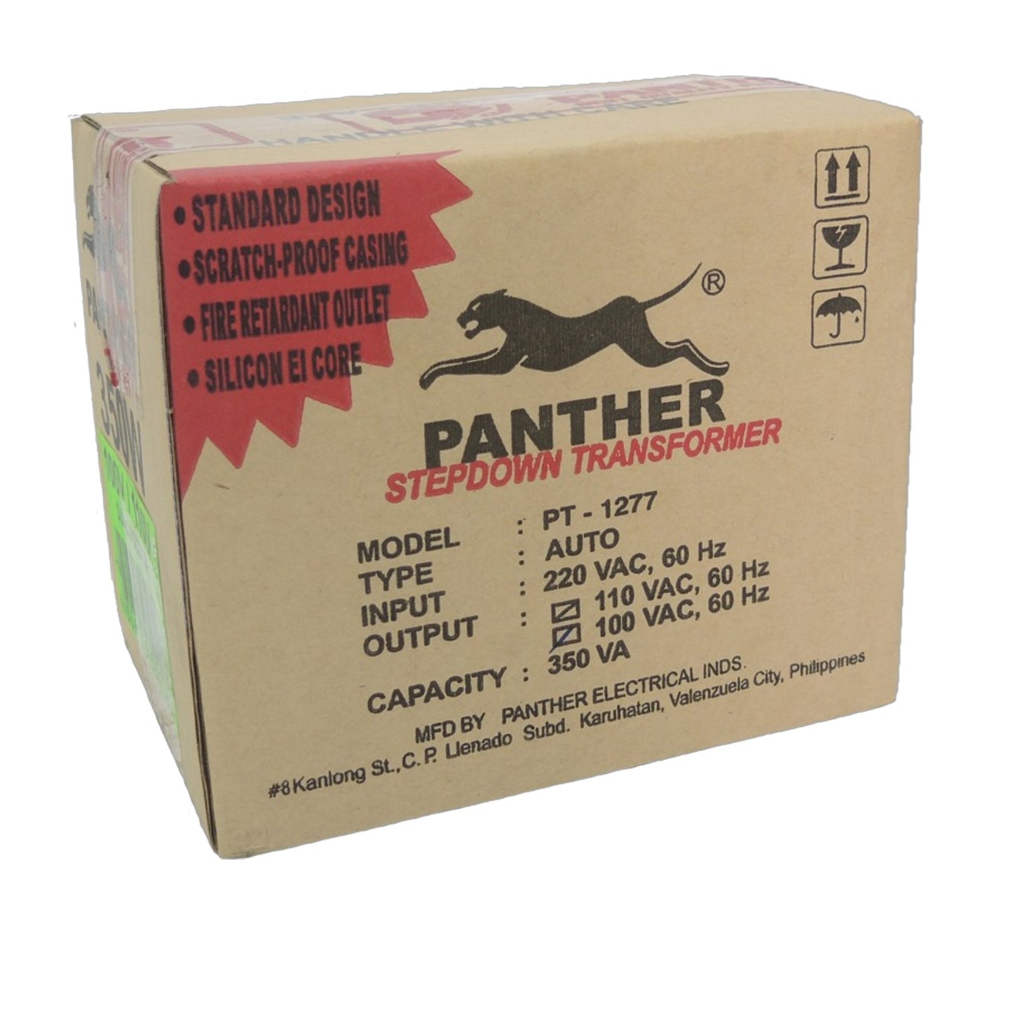 A cardboard box for a Panther Stepdown Transformer, model PT-1277, manufactured by Panther Electrical IND. The box is brown with red and black printed text and graphics, including a black panther logo.