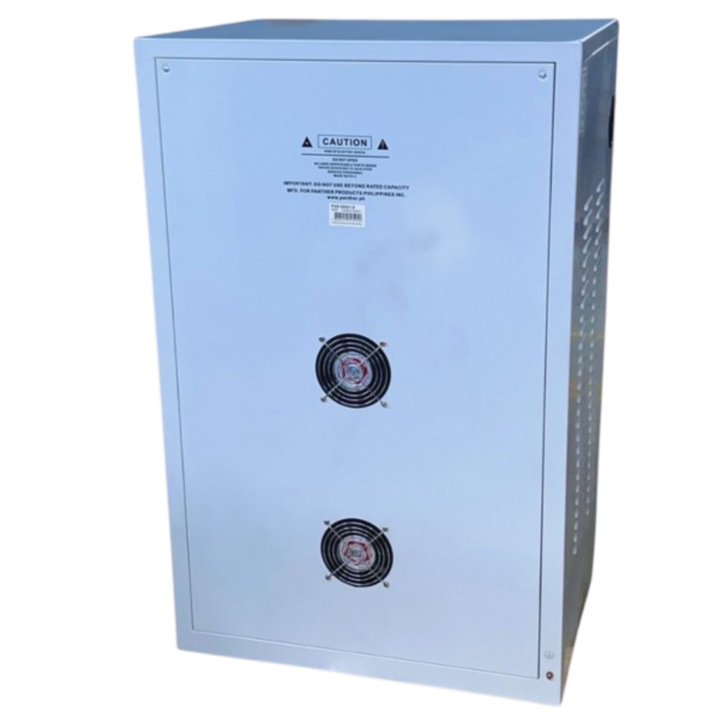 A light blue industrial electrical cabinet or enclosure with two front cooling fans, a caution label, and a perforated side vent, shown on a plain white background.