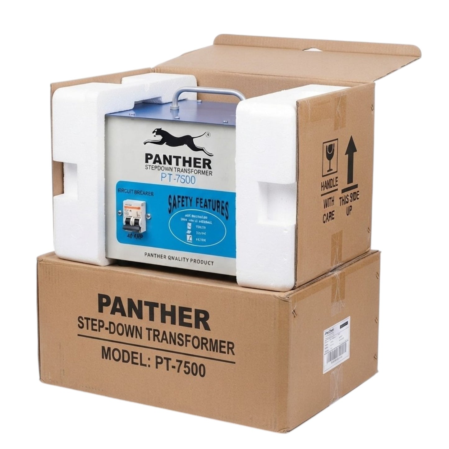 Panther PT-7500 step-down transformer in its original shipping box with white foam inserts, photographed on a white background.