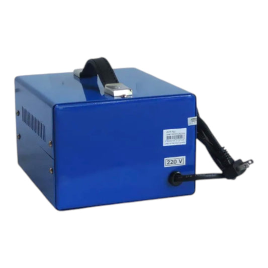 A blue metal electrical device with a black carrying handle, a black power cord, and white labels including '220 V', shown on a plain white background.