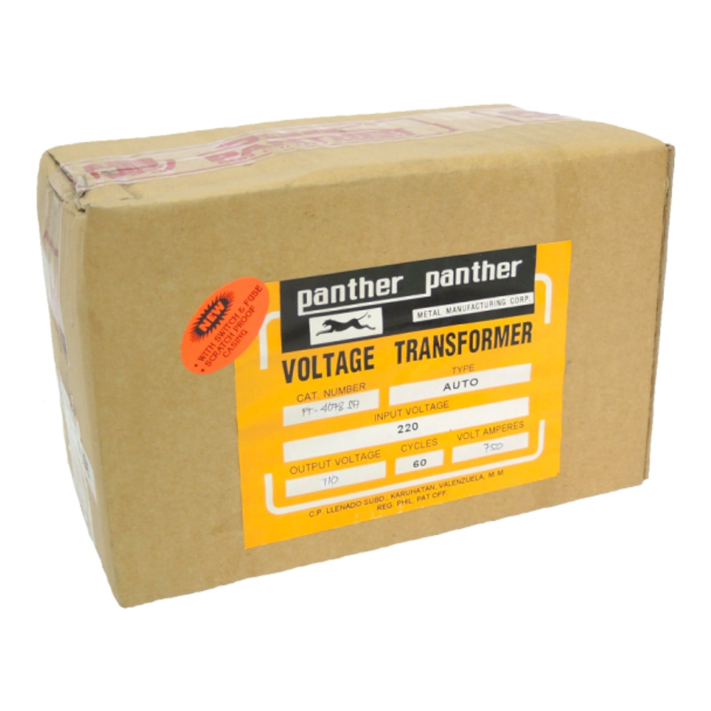 A brown cardboard box for a Panther Voltage Transformer, featuring a yellow and black label with product specifications and an orange seal sticker.