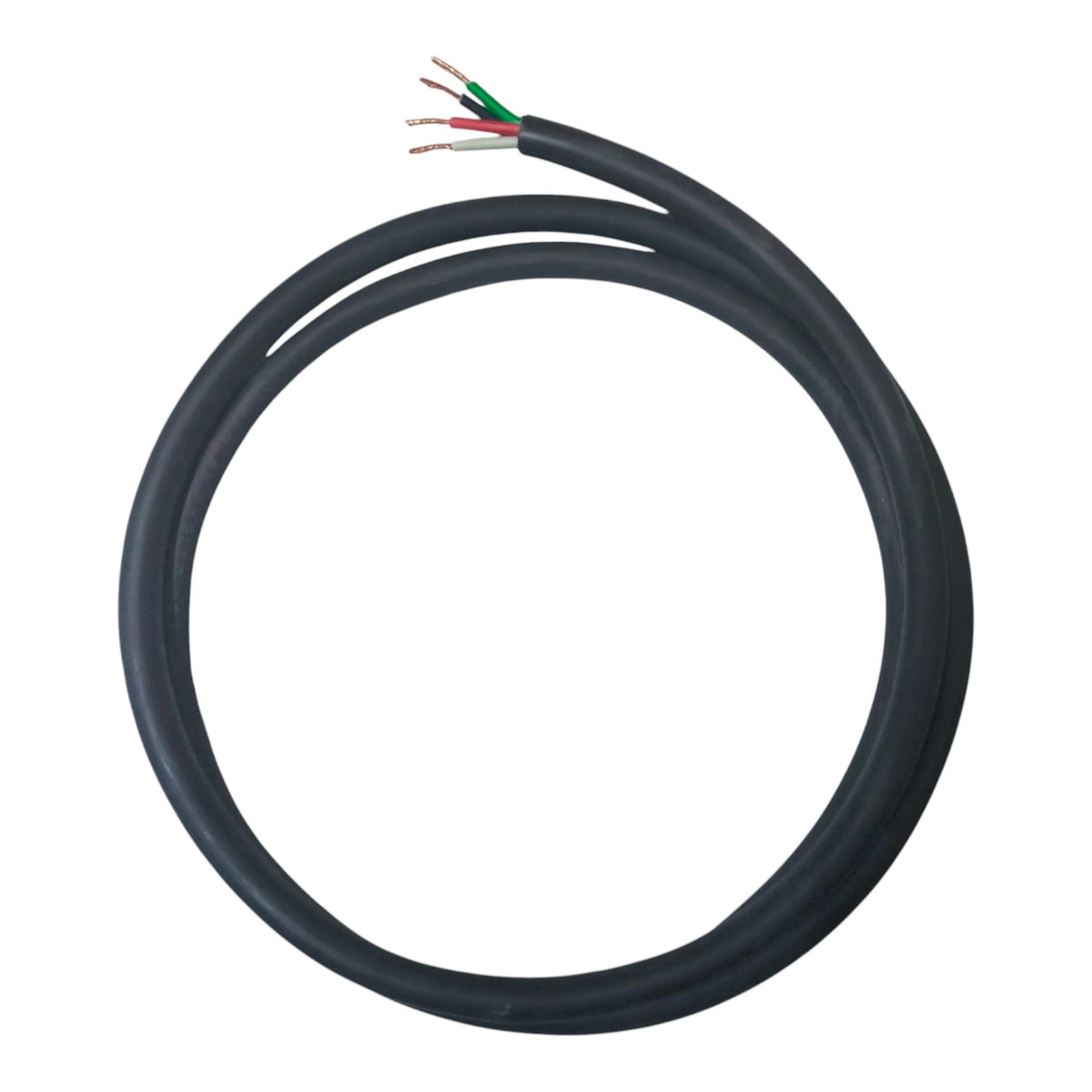 Coiled black cable with colored wires on a white background