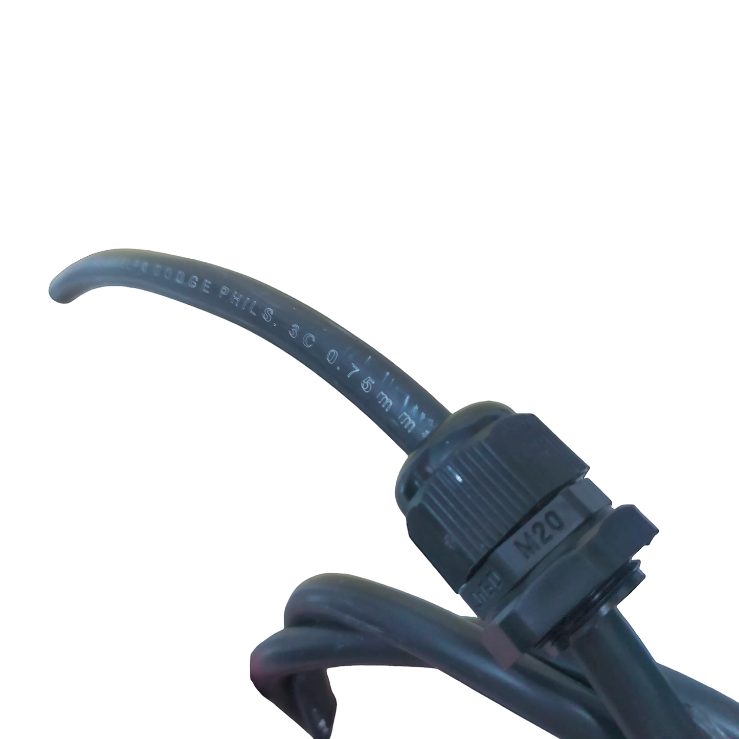 Black cable with a connector on a white background