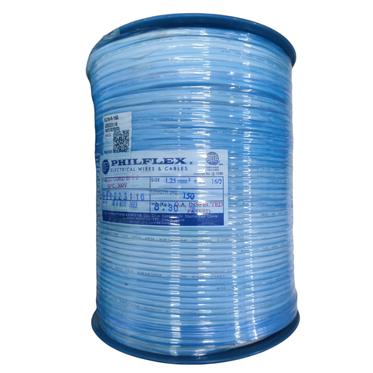 A large spool of blue Philflex optical fiber cable, featuring a white and blue label with technical specifications, isolated on a white background.