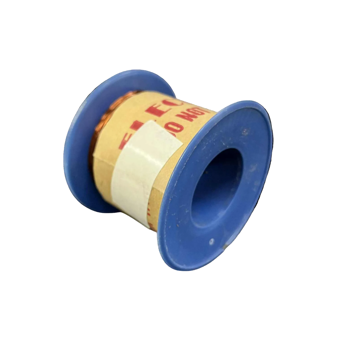 Spool of white tape with a blue plastic casing on a white background