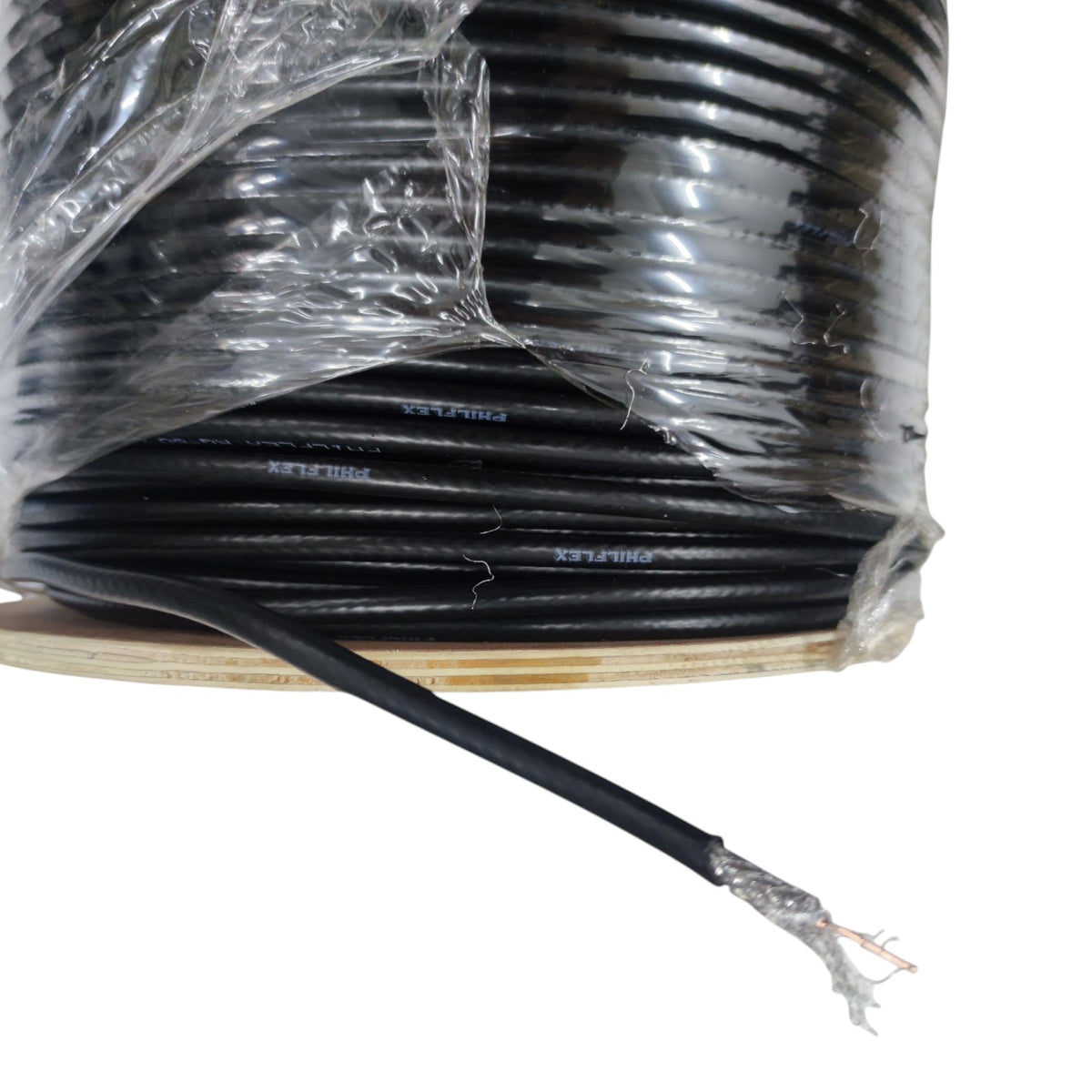 A large spool of black multi-core cable wrapped in clear protective plastic, with one end exposed to show the inner conductor strands, on a white background.