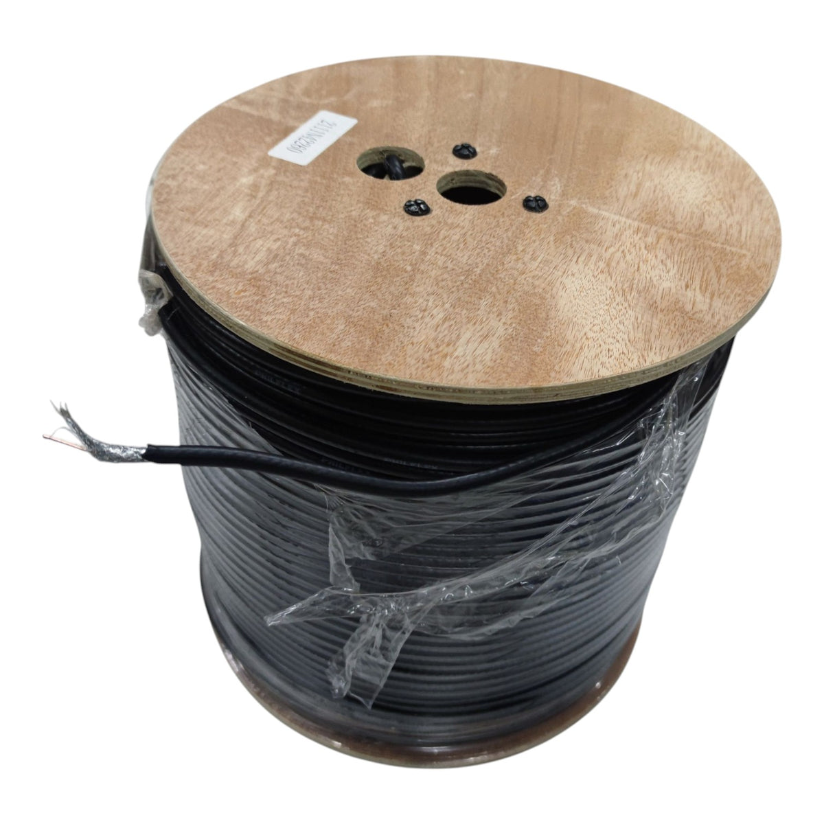 A large spool of black cable or wire wrapped in clear plastic, with a light wood-toned circular top core, photographed on a plain white background.