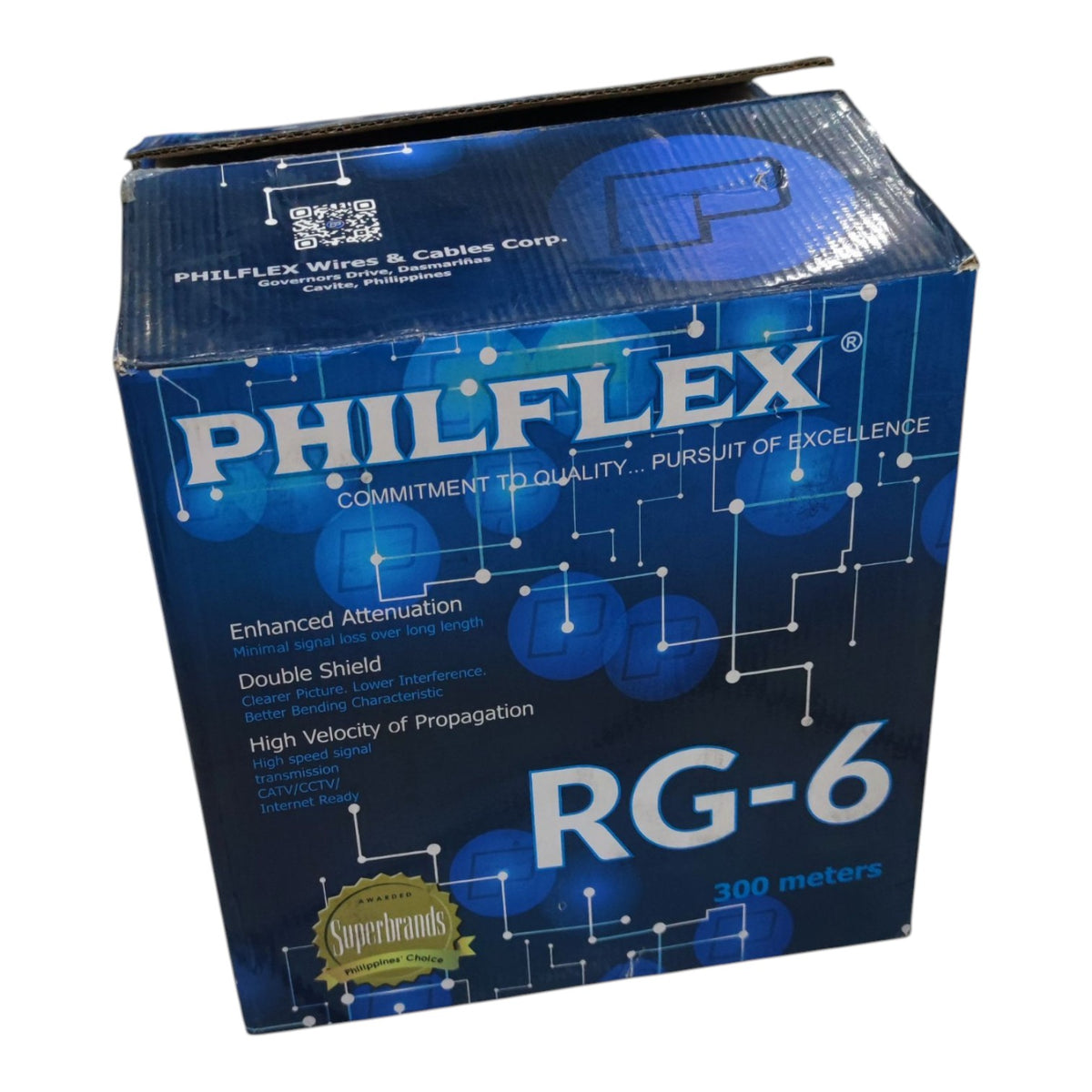 Philflex RG-6 coaxial cable packaging box, 300 meters, featuring a blue and black design with white text and circuit board graphics.