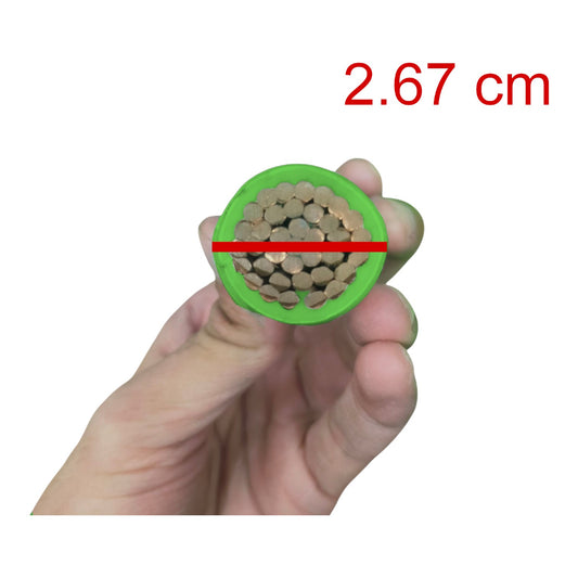 A hand holding a round cross-section of a cable showing its internal structure, with a red measurement line across the center and red text reading '2.67 cm' on a white background.
