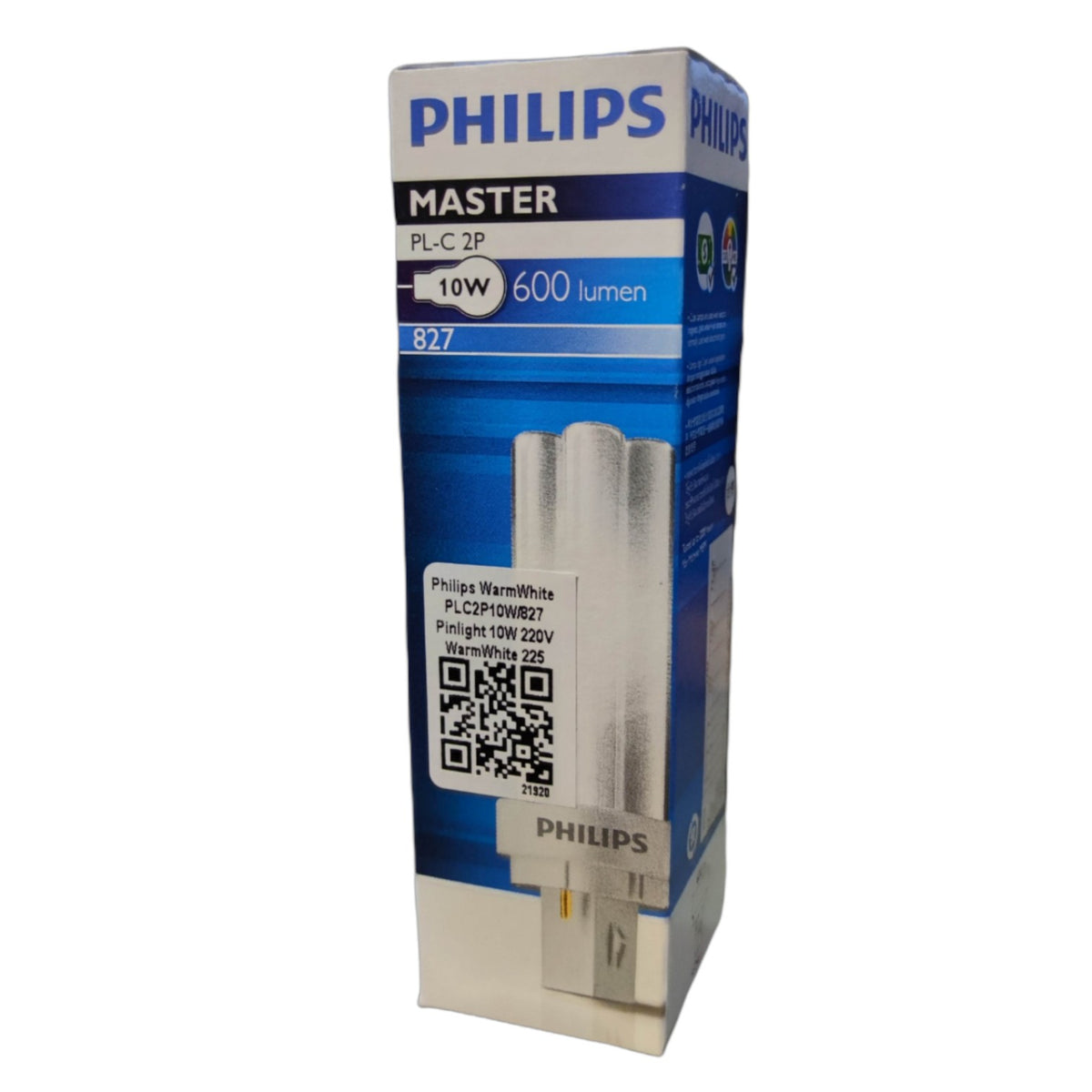 Philips light bulb packaging on a white background Philips 10W Pinlight Warm White 2700K G24d-1 Socket CFL Compact Fluorescent Lamp PLC2P10W/827 Electx Electrical Supply