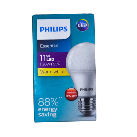 Philips 11W LED bulb E27 220V in warm white packaging with energy-saving details