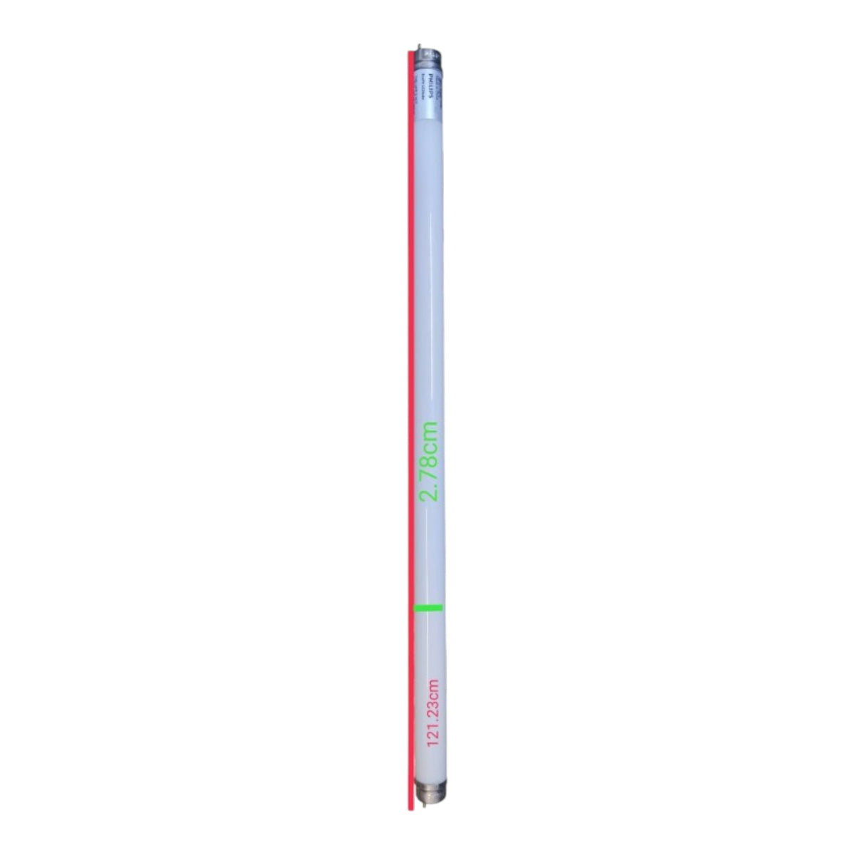 A single fluorescent light tube shown vertically on a plain white background, with printed dimensions in green and red text along the tube.