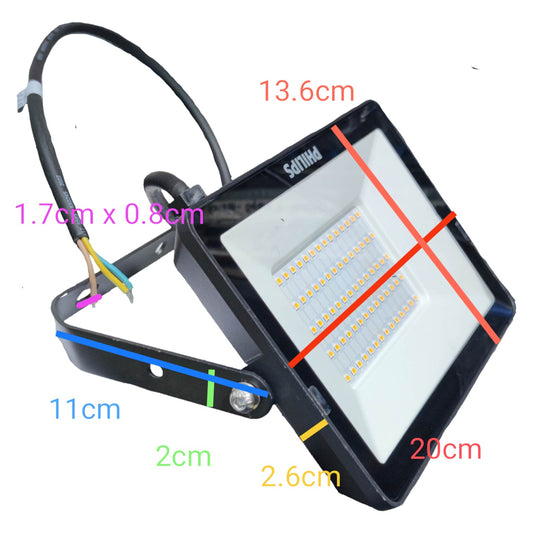 LED flood light with dimensions labeled on a white background