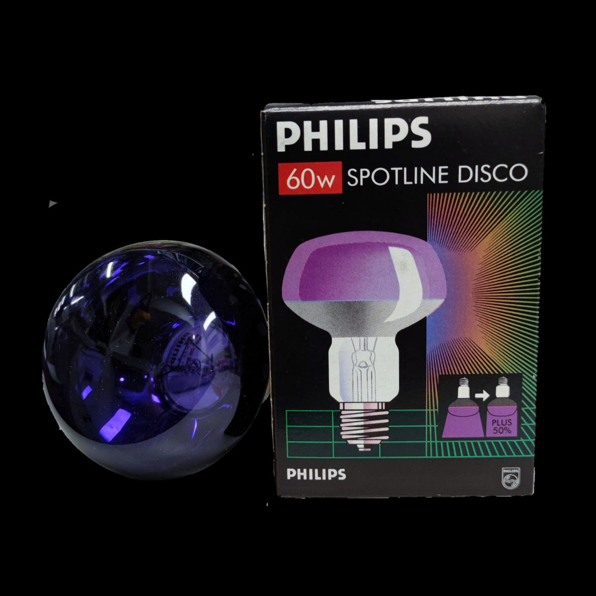 Philips 60W violet spotlight bulb with disco light effect and packaging box