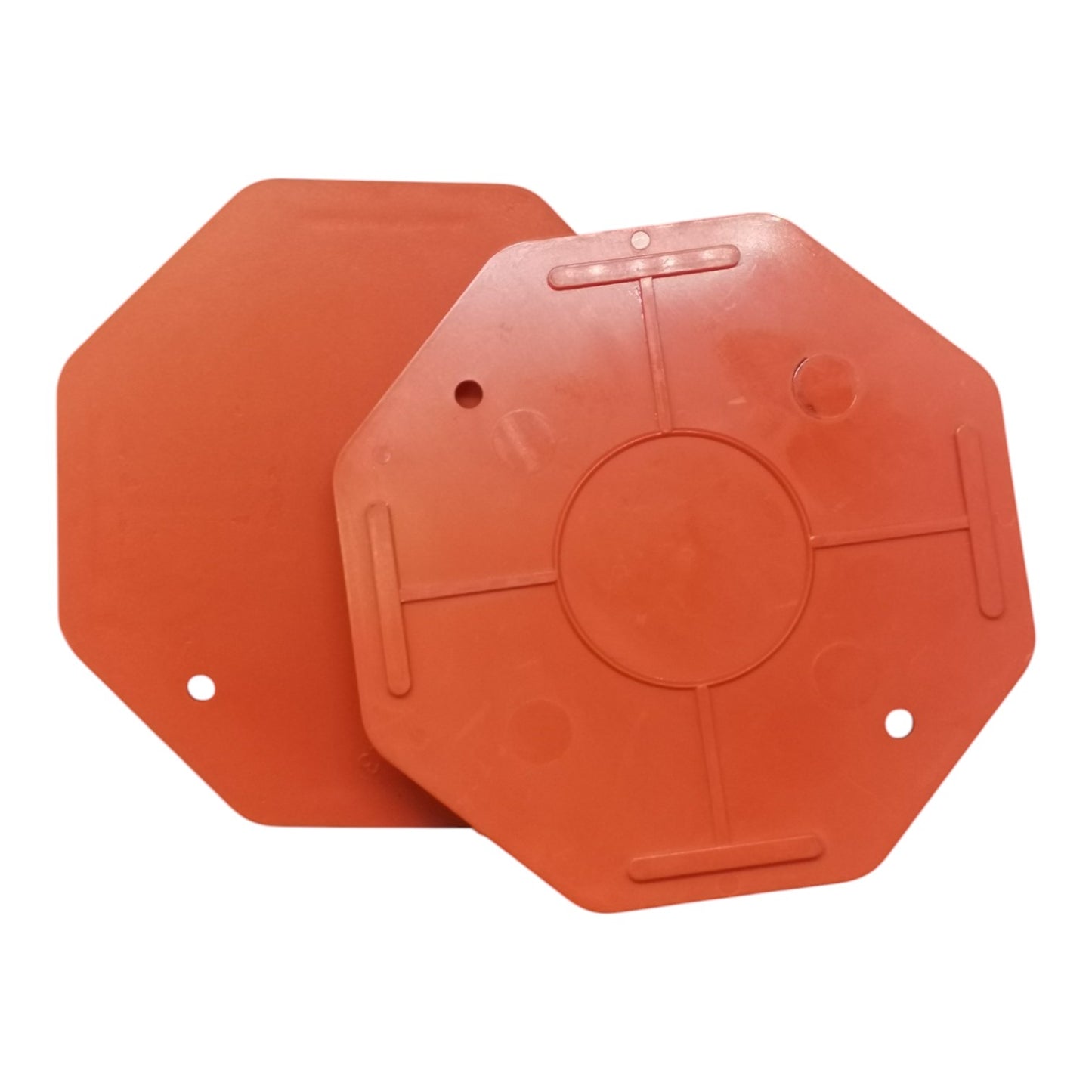 Two orange-red octagonal plastic buoyancy floats or markers shown on a plain white background.