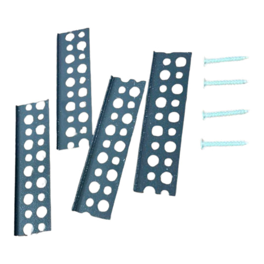 Four dark gray metal mounting brackets with circular cutouts, shown with four light blue screws on a plain white background.