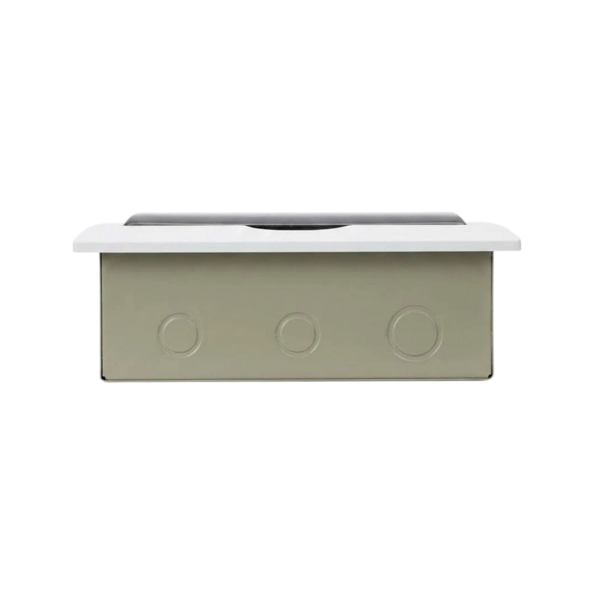 A modern rectangular wall-mounted utility box or electrical junction box in a muted sage green color, featuring a white top trim and a dark recessed slot on top, shown against a plain white background.