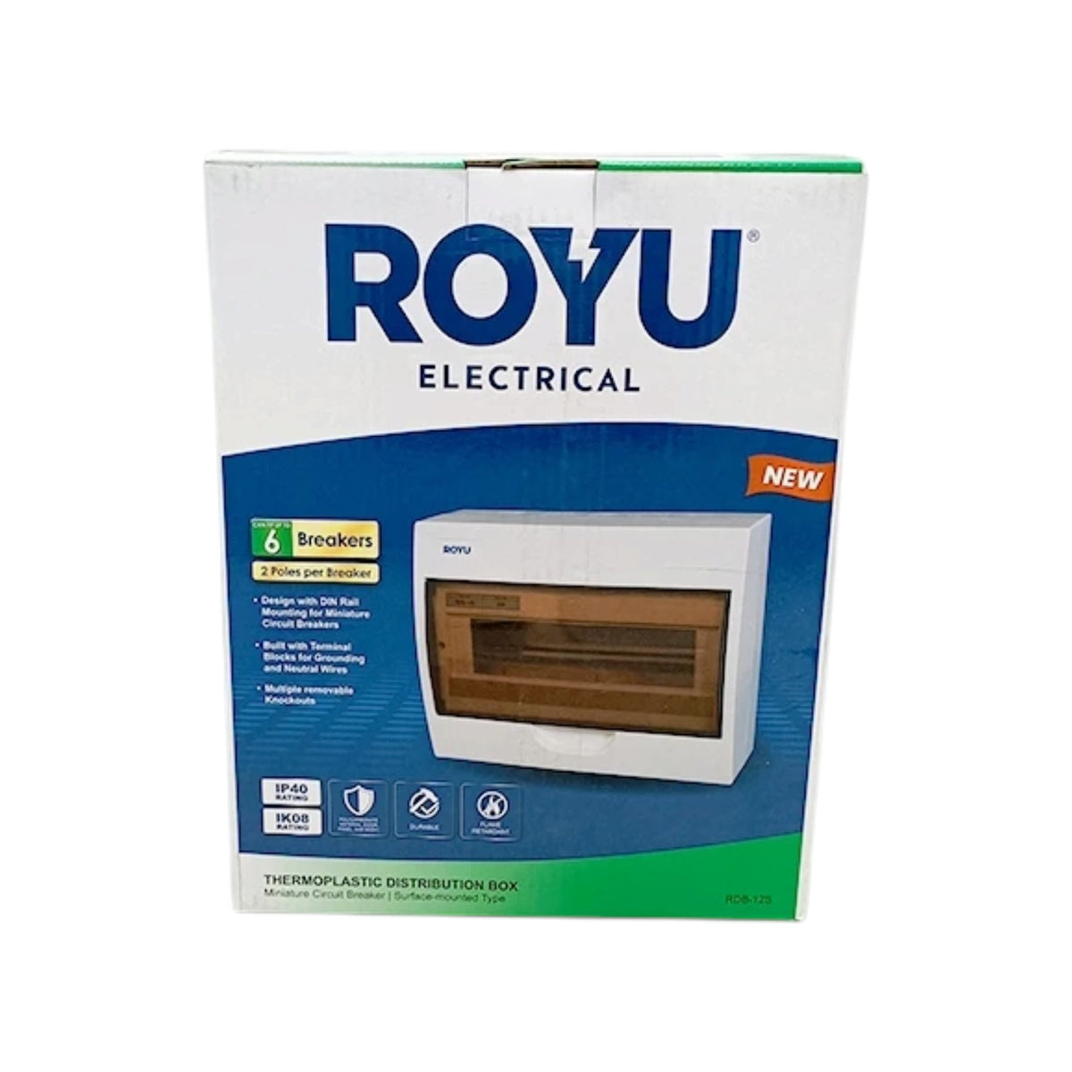 ROYU Electrical brand product packaging box for a 6-breaker thermoplastic distribution box, featuring a white and blue design with a photo of the product on the front.